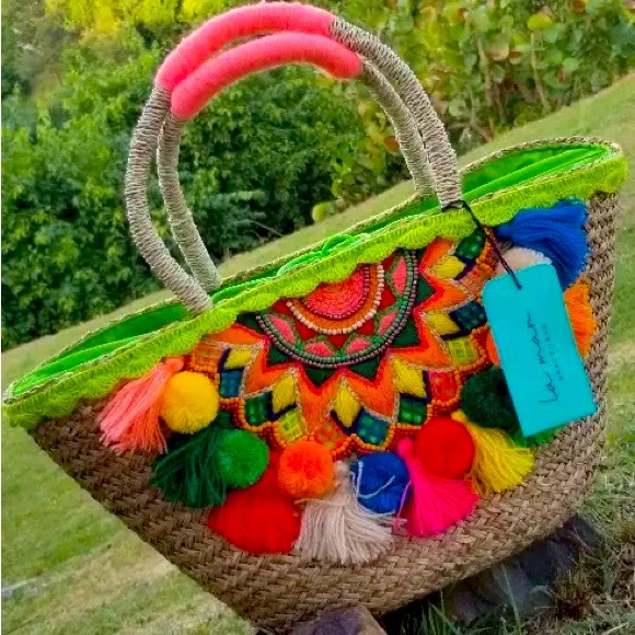 Nu Shuz Key West Handbags - Handmade Colorful Pom Pom Fringe Woven Straw Tote Beach Bag